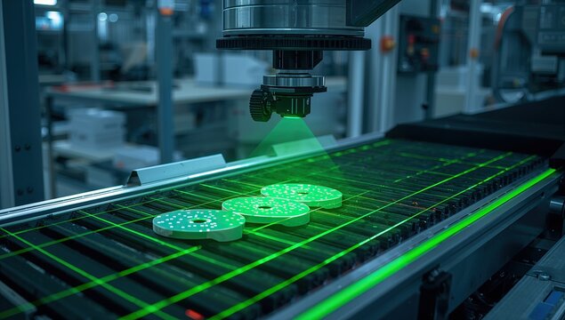 Machine vision camera system scanning products on conveyor belt with visible green laser grid projection, concept of smart manufacturing, industrial automation and future factory technology