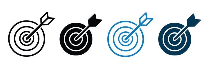 Business strategy target icon set, arrow hitting bullseye symbols for success, goals, achievement, planning, marketing, and growth concepts. © Ayat0002