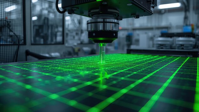 Machine vision camera system scanning products on conveyor belt with visible green laser grid projection, concept of smart manufacturing, industrial automation and future factory technology