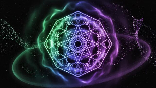 Geometric pattern featuring complex star inside a polygon depicting spiritual universe concepts surrounded by cosmic energy waves.
