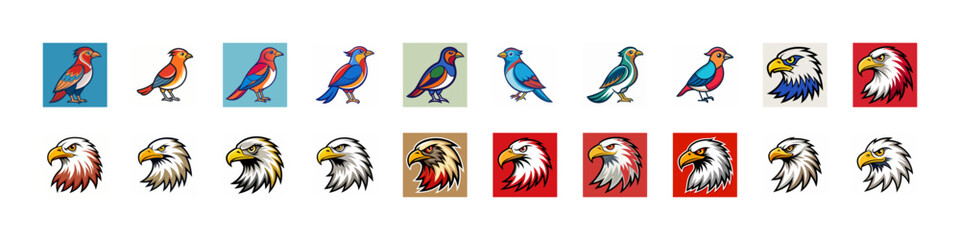 Fototapeta premium Colorful flat icons set of birds in flight - A vibrant collection of flat-style bird icons flying or perched, featuring diverse colors and playful designs for digital use.
