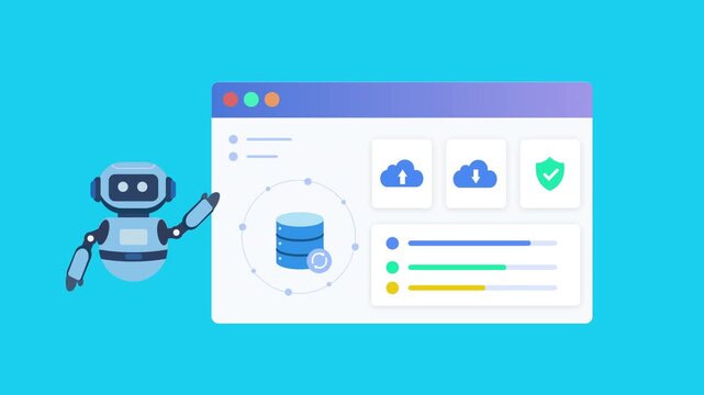 Flat vector illustration of a robot assistant beside a cloud backup dashboard with database, cloud upload, download, and shield icons, representing secure cloud storage and automation.
