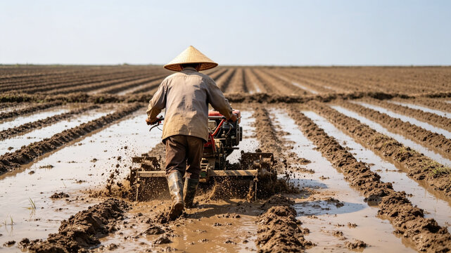 A farmer wearing a traditional conical hat operates a motorized walking tractor to till a muddy rice paddy field under a clear blue sky.