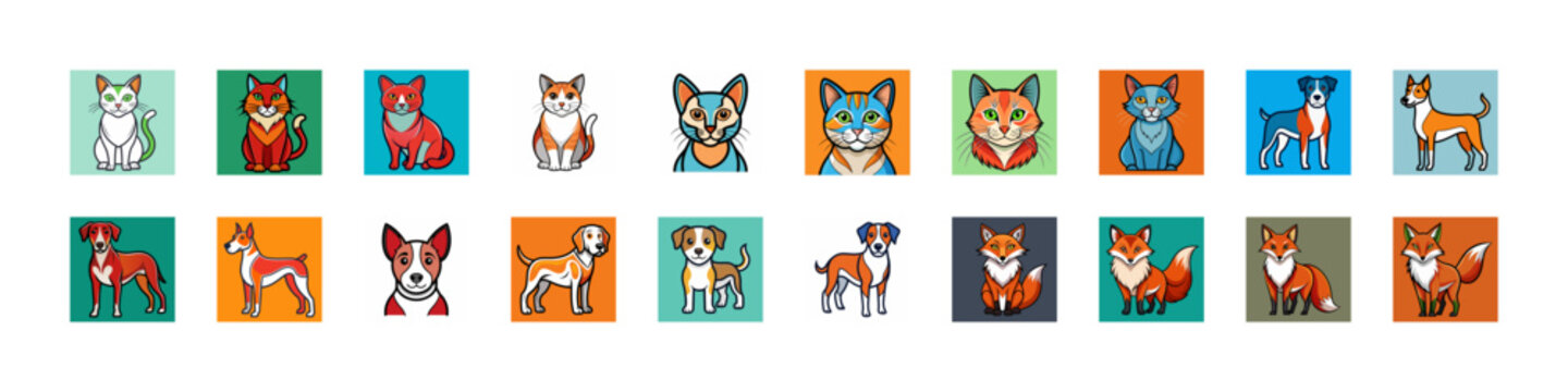 Colorful flat icons set of animals and objects - Bright and playful collection of flat-style icons featuring animals, objects, and activities in vibrant colors for various uses.