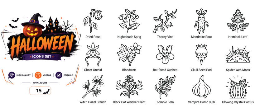 Set of 15 outline icons related to halloween, plants - collection of dried rose, nightshade, thorny vine, mandrake, hemlock, ghost orchid, bloodwort