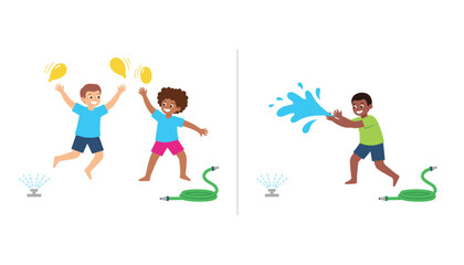 Fototapeta premium Kids playing with water balloons and hose sprinkler on hot summer day