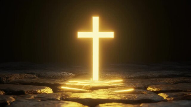 Glowing golden cross on stone floor radiating divine light in darkness, symbolizing faith, hope, and spiritual enlightenment.
