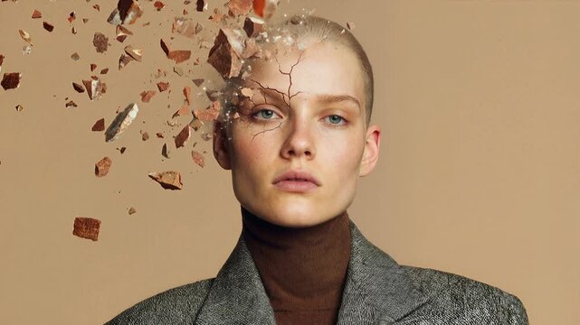 Woman's Head Exploding With Debris, Symbolic of Mental Breakdown or Idea Formation. A striking visual metaphor of a person's head fragmenting into pieces, suggesting themes of stress