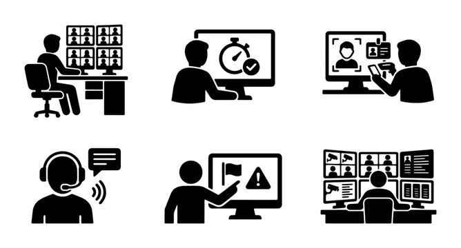 Security Monitoring Icons: Surveillance, Video Call, Operator, Alert System, Control Room, 6 Vector Graphics
