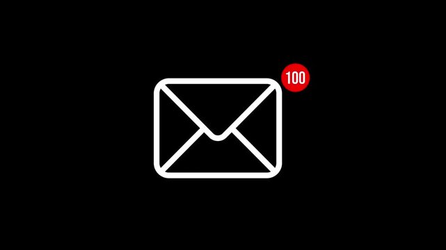 Email icon notification animation with a red counter going up to 100 on a black background