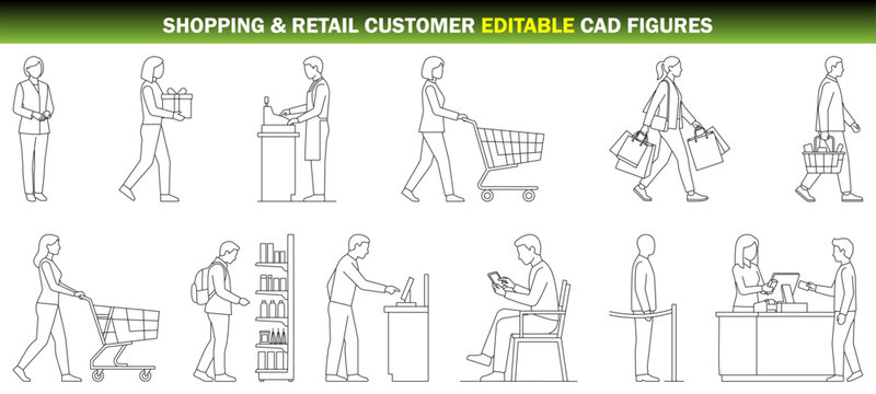 Shopping and Retail Customer Editable CAD Figures &ndash; Diverse Shoppers, Checkout and Store People Collection for Architectural Drawings