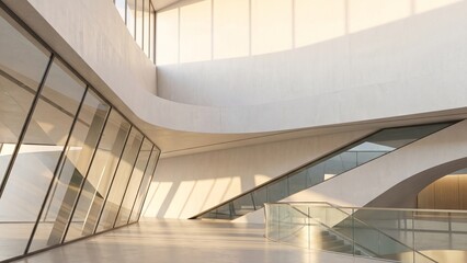Obraz premium Minimal white architectural hall with elegant curves, soft daylight and clean composition. Premium business wallpaper offering sophisticated copy space for corporate branding and presentation projects