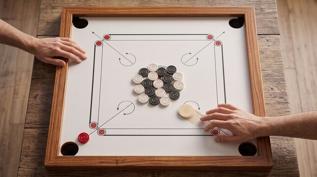 Carrom Break Shot with Moving Striker on Traditional Wooden Board Game