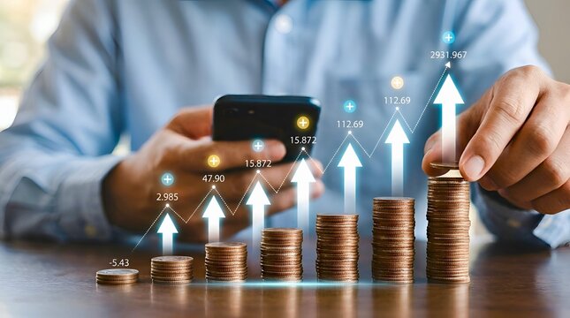 Investment strategy for financial growth Person manages assets with smartphone, stacking coins, rising digital charts show increasing returns