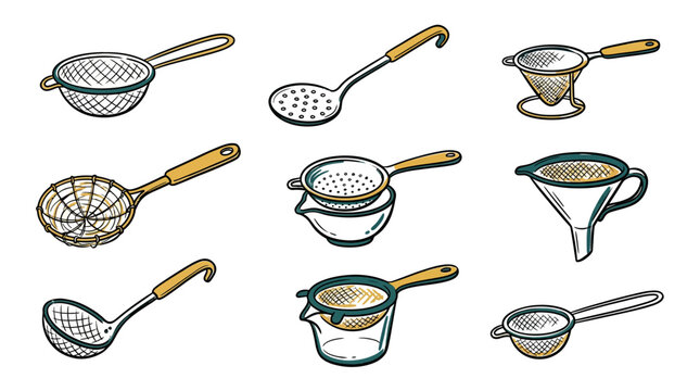 Collection of kitchen strainers and sieves for cooking and preparation