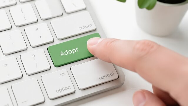 Close-up macro shot of a finger pressing a green keyboard key labeled Adopt on a white Apple keyboard with a small green potted plant blurred in the top right corner of the frame