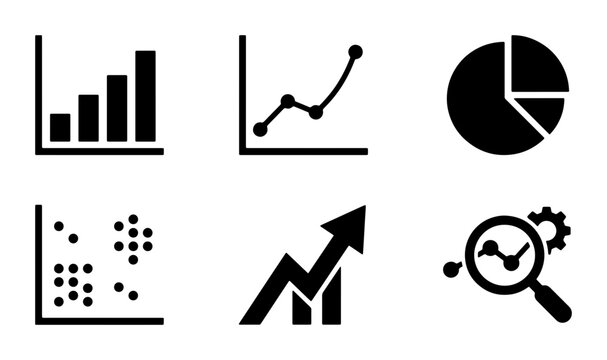 Business Analytics Icons Set: Bar Chart, Line Graph, Pie Chart, Scatter Plot, Growth Arrow, Data Analysis