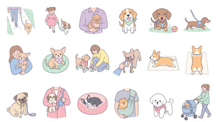 Fototapeta premium Hand-drawn illustration collection of happy dogs and their owners in daily lifestyle activities with cute canine interactions