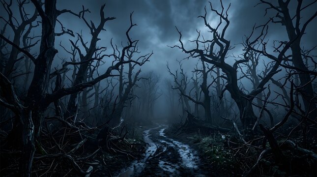 Dark and twisted forest path at night with bare trees