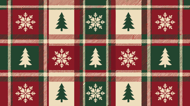 Cozy traditional tartan plaid pattern in rich cranberry, forest green, and warm cream with alternating snowflakes and pine tree motifs, perfect for festive winter holiday textiles and seasonal cozy