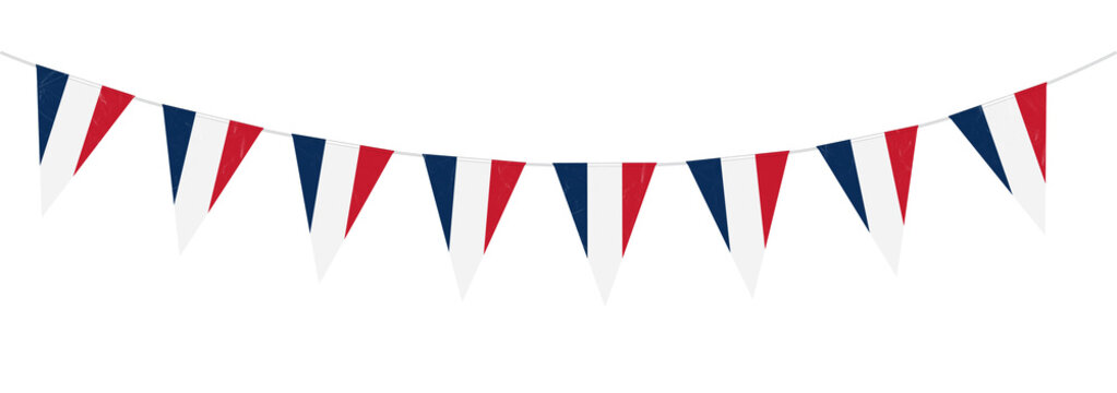French Tricolor Flag Bunting Hanging, Blue, white, and red pennant string banner for France national holiday, Bastille Day, or international sports