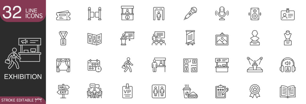 Exhibition and trade show line icon set containing vector symbols of expo booths, gallery displays, conference presentations, and event management with editable stroke