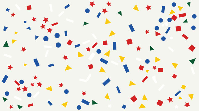 Festive confetti vector background with scattered red white blue yellow and green stars, circles, triangles and paper streamers on clean light backdrop for patriotic parties and celebrations