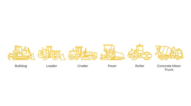 Construction machinery icons including bulldozer loader and road roller