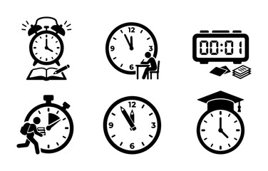 Fototapeta premium Time Management Icons: Study, Deadline, Stopwatch, Graduation Clock, Alarm Clock, Digital Timer