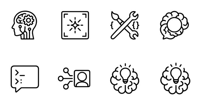 AI Icons Set: Brain, Code, Tools, Idea Lightbulb, User Profile, Machine Learning, Technology Concepts