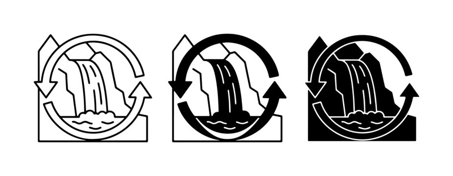 Waterfall Icons Set: Renewable Energy, Nature, and Flow Symbols. Three Styles.