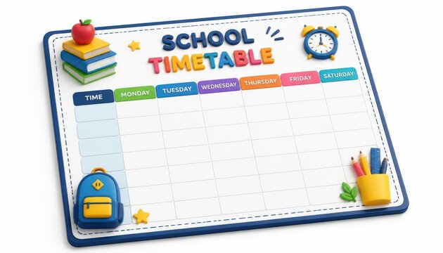 Colorful 3d rendering of a weekly school timetable planner featuring stationary supplies on white background