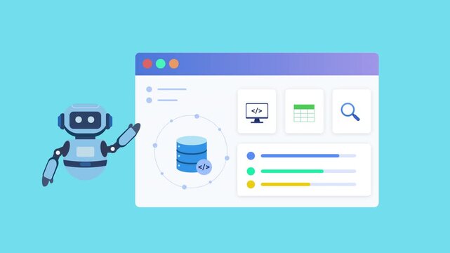 Flat vector illustration of a robot assistant beside a cloud search dashboard with database, monitor, folder, and search icons, representing cloud management, data access, and automation.