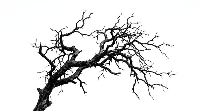 Gnarled bare tree branch silhouette isolated on white background