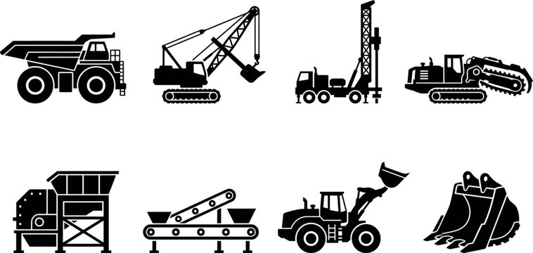 Heavy construction machinery icons featuring industrial excavators, dump trucks, cranes, and drilling rigs