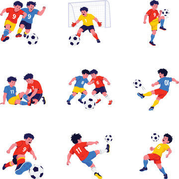 Flat soccer illustrations featuring competitive matches, warmups, recovery, passing, counterattacks, volleys, chest control, midfield duels, defensive blocks, and running players. 
