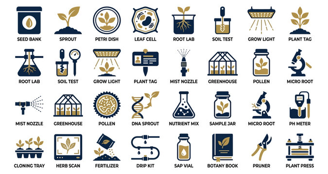 Plant Science Icons Set with Seed Bank, Sprout, Petri Dish, Leaf Cell, Root Lab, Soil Test, Grow Light, and Greenhouse