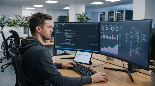 Digital Marketing Manager and Software Engineer Working at Desk with Dual Monitors Analyzing Data Charts and Code