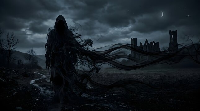 A dark hooded phantom figure walking along a path towards a ruined castle under a crescent moon in a gloomy, atmospheric landscape