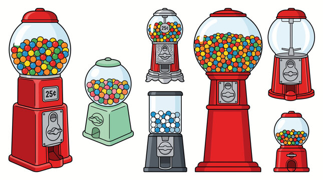 Collection of various colorful vintage and modern gumball machines filled with candy.