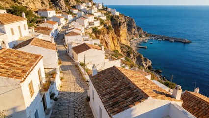 Naklejka premium A sunlit Greek island village with narrow cobblestone streets winding between whitewashed houses with terracotta roofs perched dramatically above a deep blue harbor.