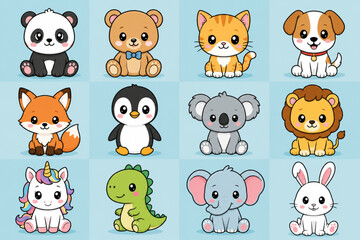 Obraz premium This charming image features a collection of twelve adorable, stylized cartoon animals arranged in a grid. The set includes a panda, bear, cat, dog, fox, penguin, koala, lion, unicorn, dinosaur, 