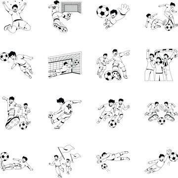 Glyph soccer illustrations featuring goal celebrations, penalty kicks, goalkeeper saves, tackles, headers, cheering fans, defensive actions, sliding tackles, and match moments. 
