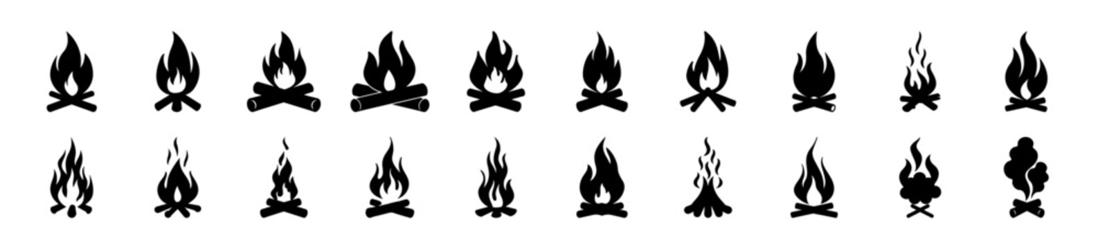 Black campfire icons in different styles - A collection of stylized black campfire icons with flames, perfect for illustrating warmth, camping, or outdoor themes in various designs.