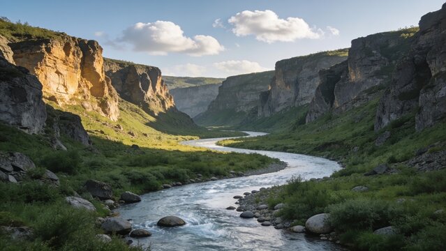 A serene mountain river flowing through a lush green valley between towering rocky cliffs under a bright blue sky with fluffy clouds, perfect for wellness retreats.