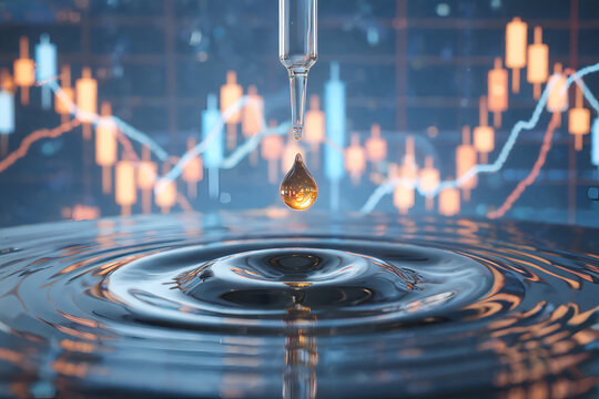 Droplet of golden oil falling into water creating ripples against blurred financial stock market charts symbolizing commodity trading