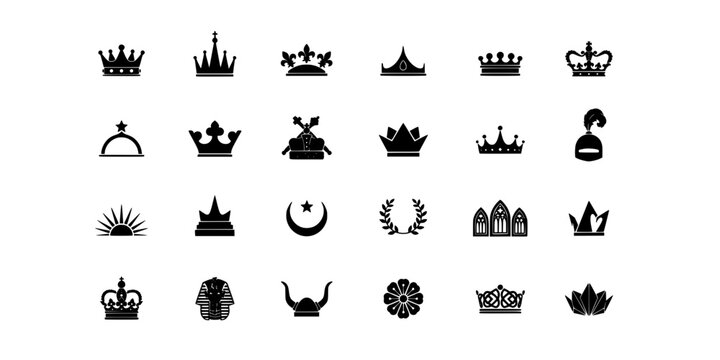 Crowns and Royal Symbols Arranged in a 4x6 Grid with Various Designs and Styles Featuring Crown, Symbol, Icon with Design