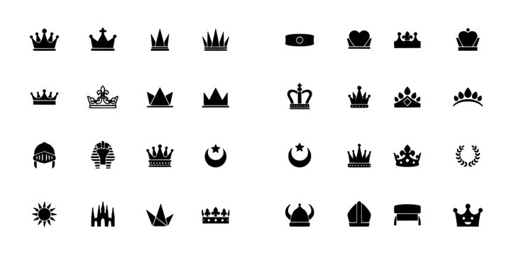 Crowns and Royal Symbols in a Collection of 24 Distinct Icons Arranged in a 4x6 Grid Featuring Crown, Symbol, Icon
