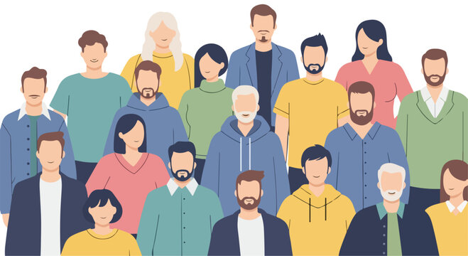 Diverse crowd of people in flat vector style, multicultural community group illustration, large audience of men and women for social media and web design
