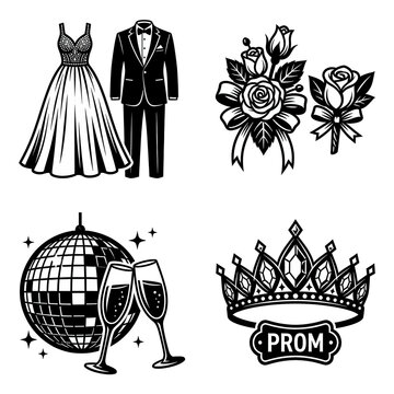 Elegant black and white prom night celebration icons set